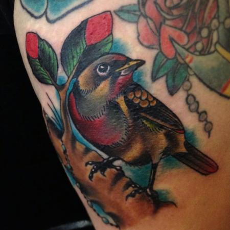 Gary Dunn - Colored traditional house finch bird tattoo, Gary Dunn Art junkies Tattoo